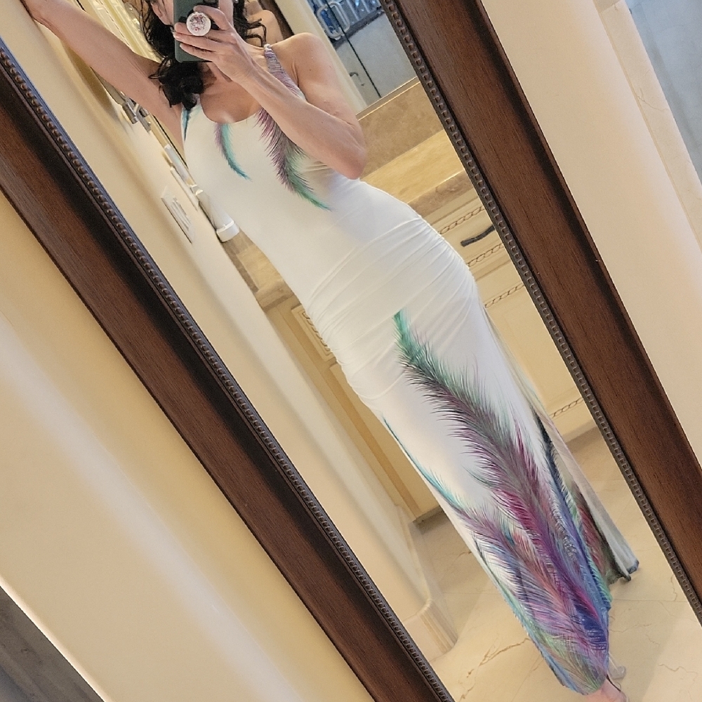 Sky White Maxi Dress with Colorful Feather Design, XS